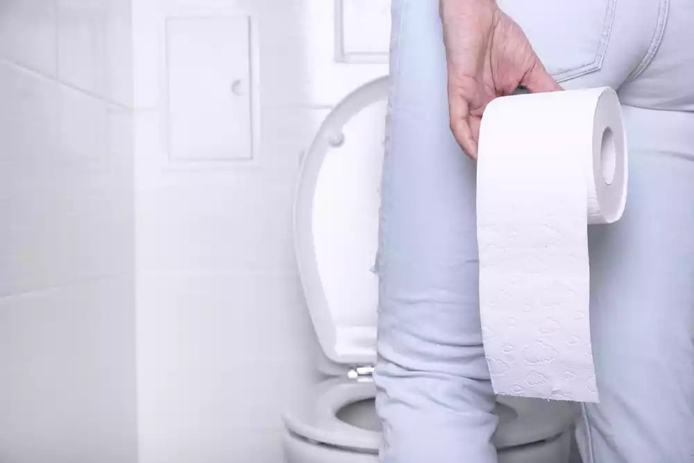 A person holding a roll of toilet paper in front of a toilet.