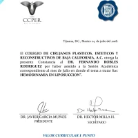 A certificate with the name of a doctor in Tijuana specializing in plastic surgery.